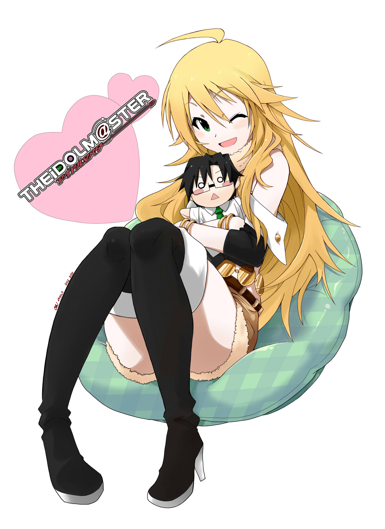 ahoge, beyond_the_wishes, black_legwear, blonde_hair, boots, character_doll, green_eyes, highres
