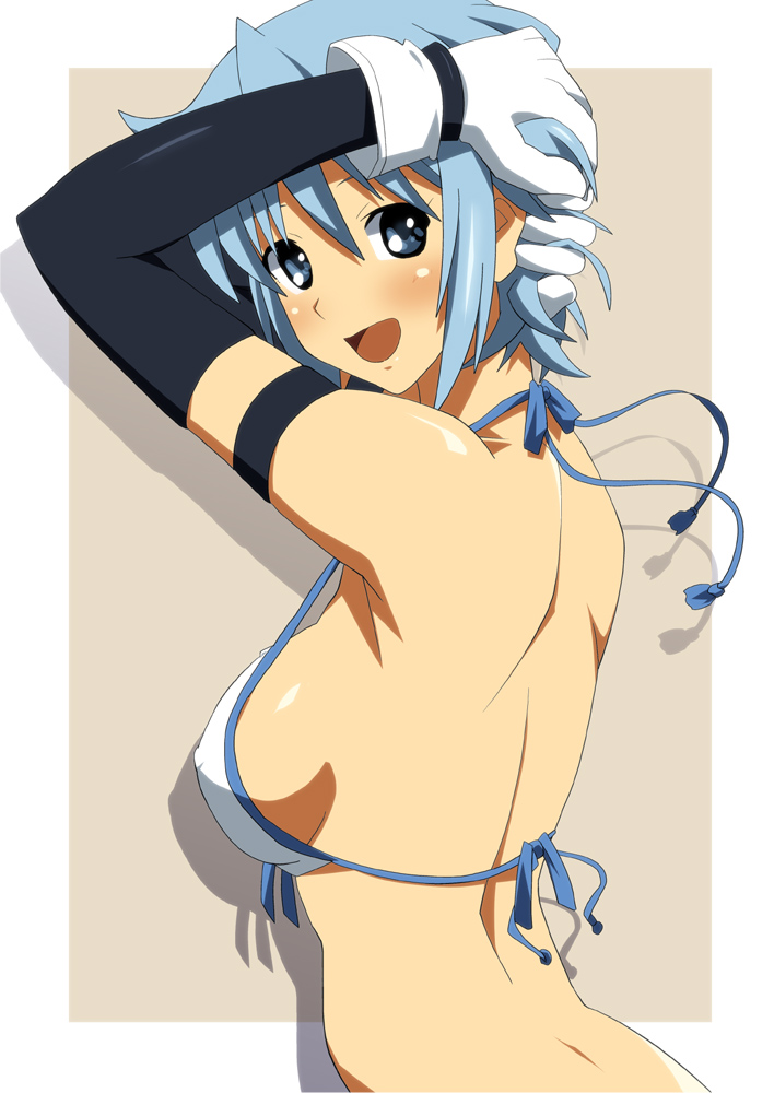 arms_behind_head, back, bikini, bikini_top, blue_eyes, blue_hair, blush, breasts