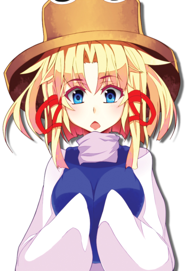 :<>, blonde_hair, blue_eyes, breasts, bust, butakata, hair_ribbon, hat