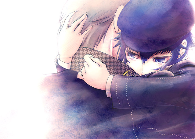 1girl, androgynous, blue_eyes, blue_hair, couple, from_behind, grey_hair, hug