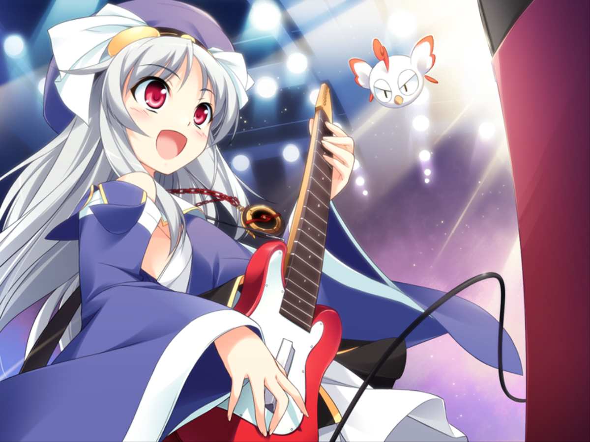 bird, game_cg, guitar, hat, instrument, long_hair, lovekami, open_mouth, perspective, red_eyes, smile, tsukuyomi_usagi, white_hair, yashima_takahiro