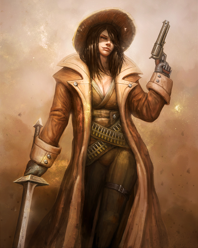 bandolier, breasts, brown_eyes, brown_hair, cleavage, codec, commentary, duster, explosion, gun, hair_over_one_eye, handgun, hat, original, pistol, revolver, smirk, smoke, solo, sword, weapon