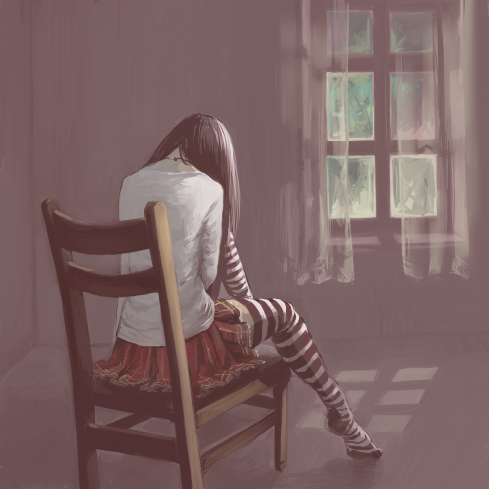 black_hair, chair, from_behind, indoors, jewelry, leg_up, lonely, long_hair