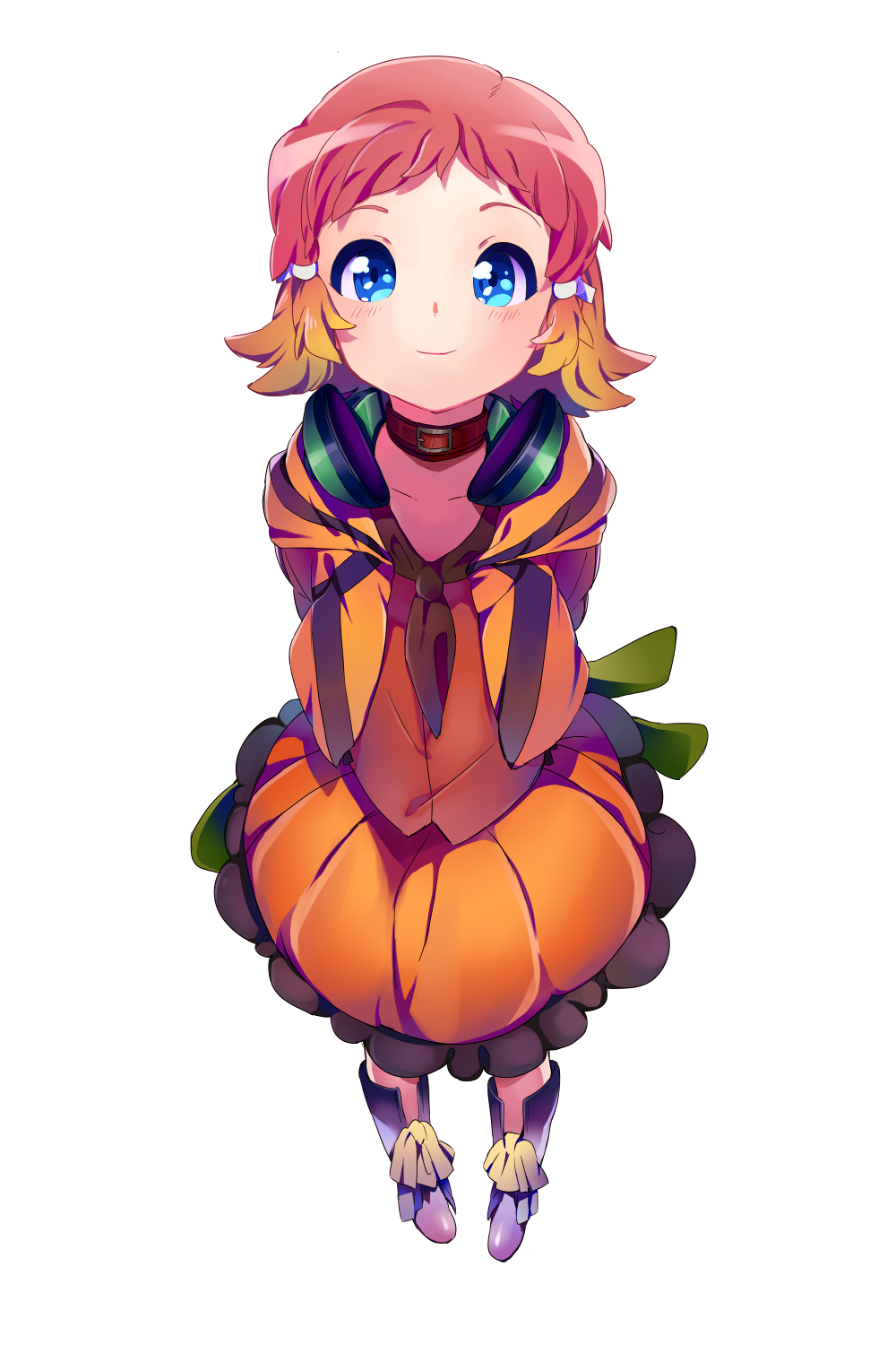 aquarion_(series), aquarion_evol, blue_eyes, dress, gradient_hair, hair_ornament, headphones, highres, kangokun, multicolored_hair, orange_hair, solo, white_background, yunoha_thrul