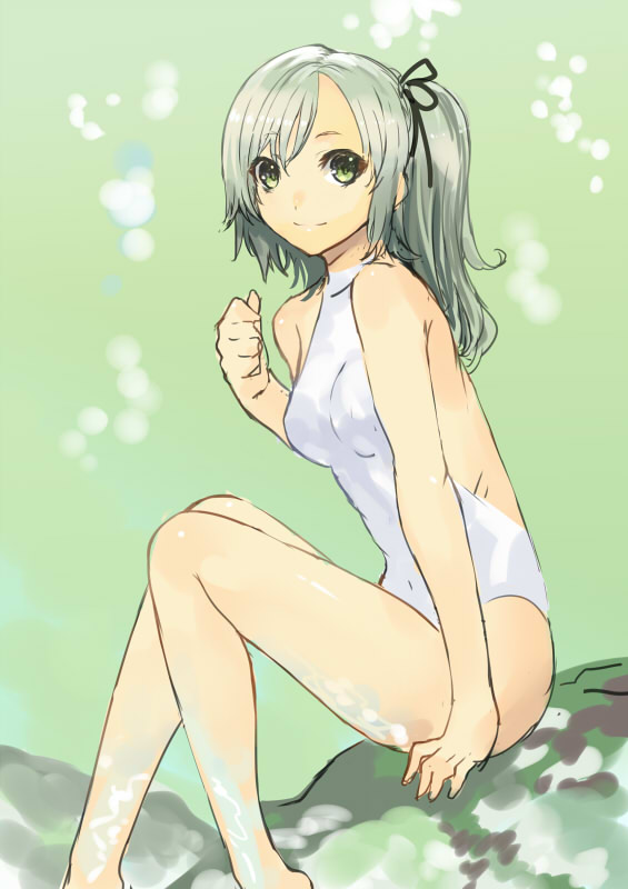 bare_legs, barefoot, green_background, green_eyes, green_hair, hair_ribbon, legs, long_hair