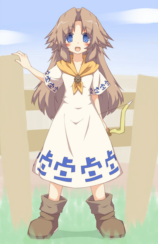 blue_eyes, blush, bow_(weapon), brown_hair, chikyuujin_a, dress, fence, long_hair, majora's_mask, malon, nintendo, open_mouth, pointy_ears, romani, smile, solo, the_legend_of_zelda, weapon