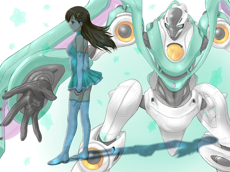 bodysuit, brown_hair, elbow_gloves, gloves, kyouno_madoka, long_hair, mecha, rinne_no_lagrange
