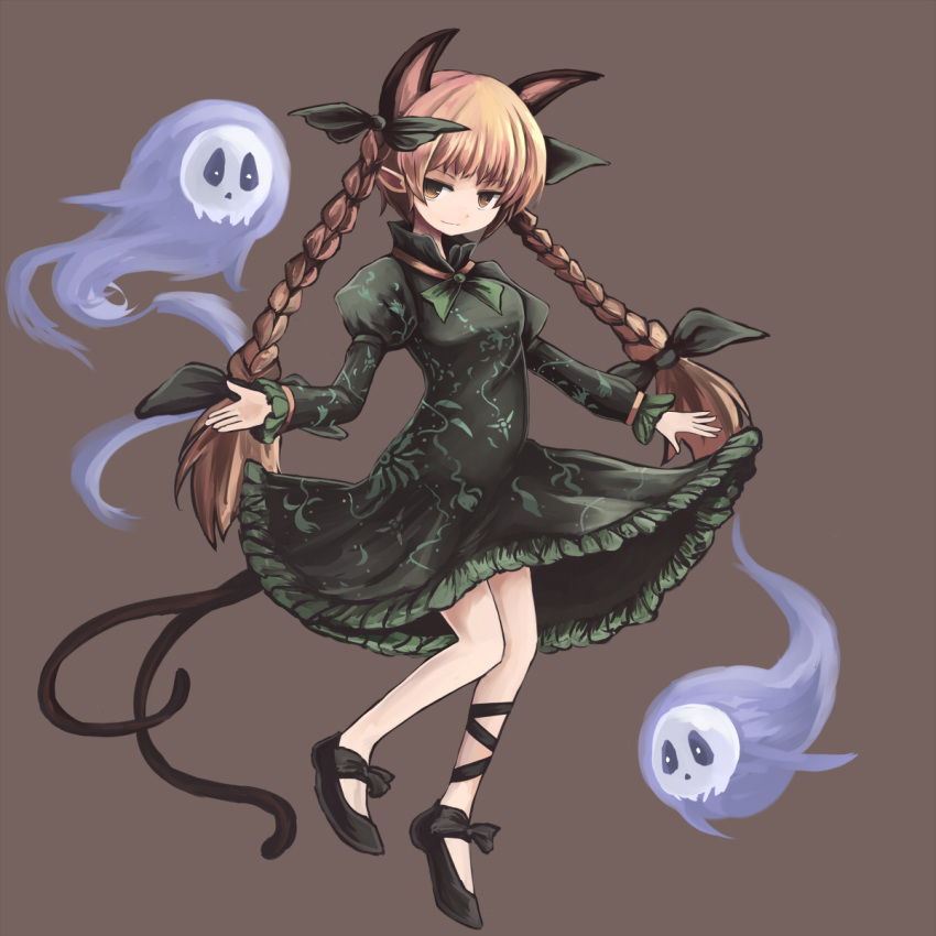 animal_ears, bow, braid, brown_eyes, brown_hair, cat_ears, cat_tail, dress, extra_ears, flaming_skull, green_dress, hair_bow, hair_ribbon, highres, kaenbyou_rin, long_hair, multiple_tails, pointy_ears, ribbon, shoes, skull, solo, tail, touhou, twin_braids, wasabi_karasi