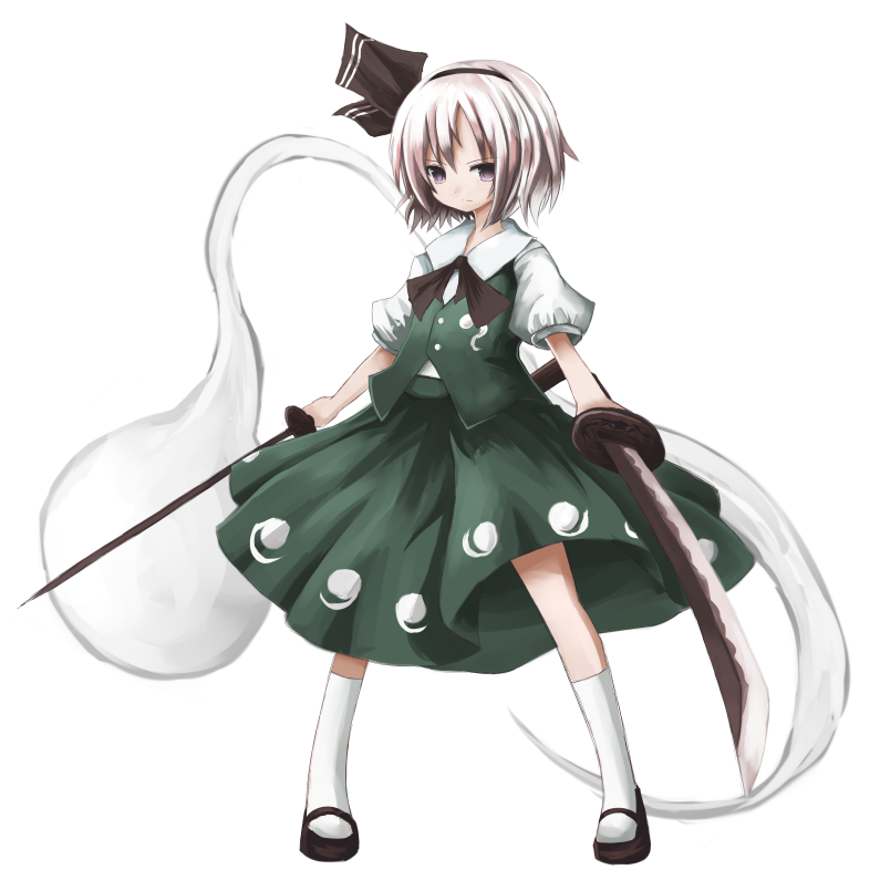 dual_wielding, footwear, grey_hair, hairband, katana, konpaku_youmu, konpaku_youmu_(ghost), purple_eyes
