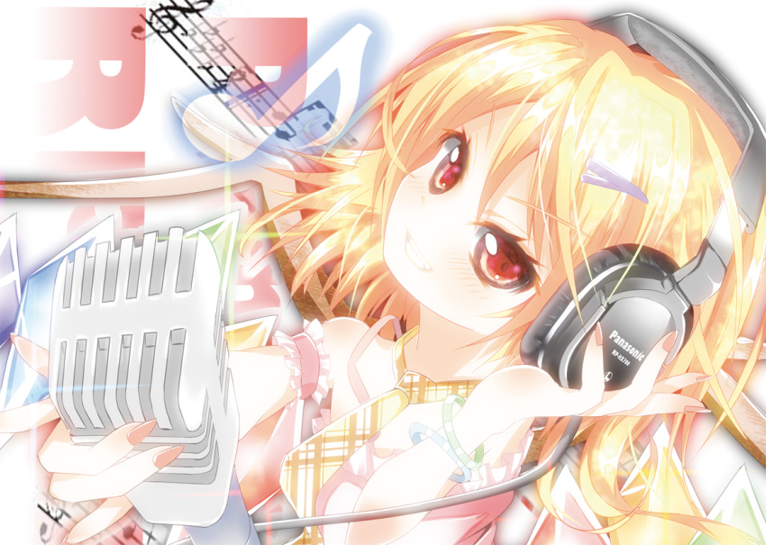 alternate_costume, arm_ribbon, blonde_hair, blush, bracelet, chemise, flandre_scarlet, grin