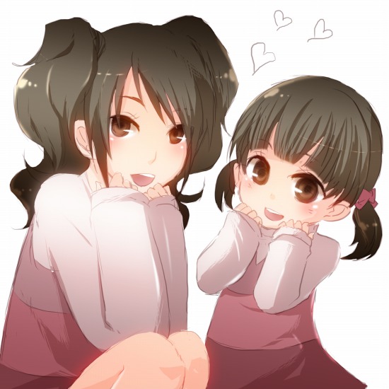 blush, brown_eyes, brown_hair, cosplay, doujima_nanako, doujima_nanako_(cosplay), hands_on_own_face, hands_together, heart, kasagland, kujikawa_rise, multiple_girls, persona, persona_4, short_twintails, twintails