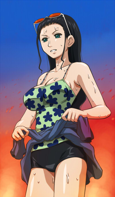 black_hair, breasts, cleavage, large_breasts, long_hair, nami_(cosplay), nico_robin, one_piece, sunglasses, sunglasses_on_head, sweat, wet