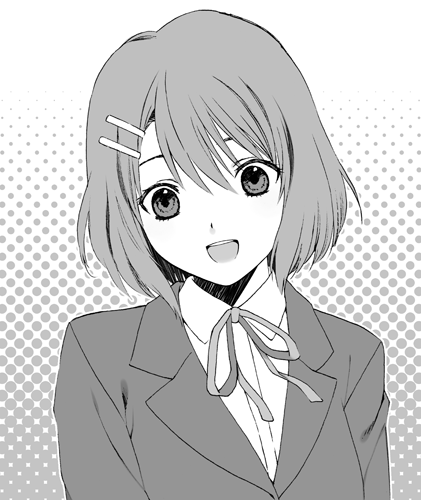 hirasawa_yui, it, k-on!, lowres, monochrome, school_uniform, short_hair, solo