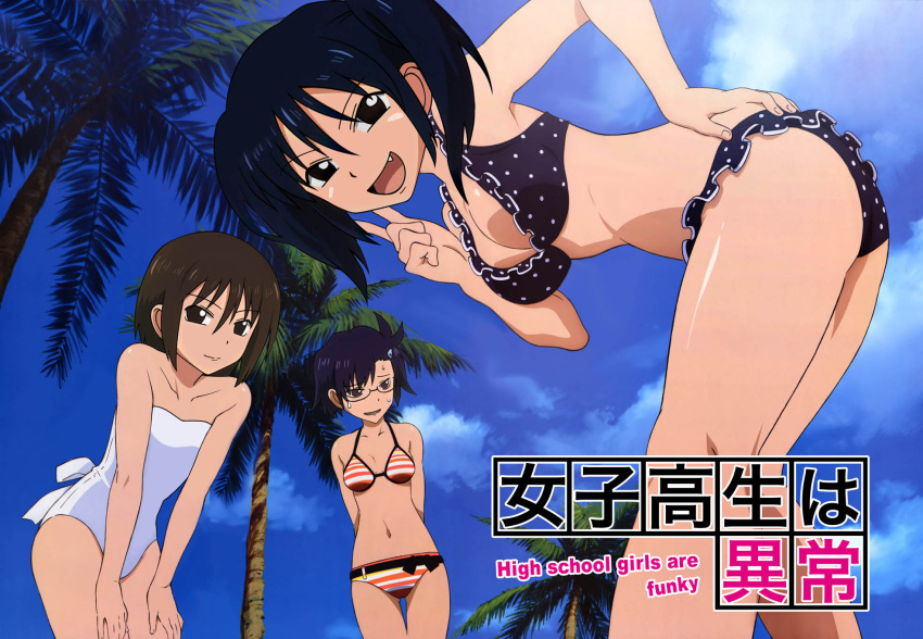 3girls, beach, bikini, black_eyes, black_hair, blue_hair, blue_sky, bob_cut