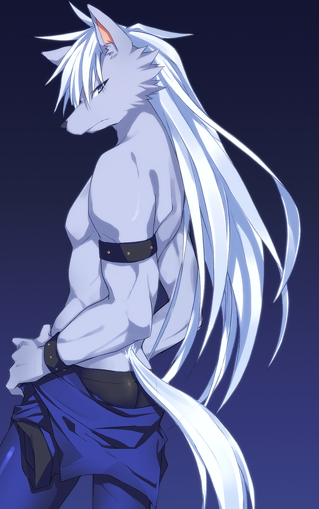 armlet, blue_background, furry, hand_on_hip, hips, long_hair, male, pants, precure, saigi, shirtless, smile_precure!, solo, tail, werewolf, white_hair, wolf_tail, wolfrun