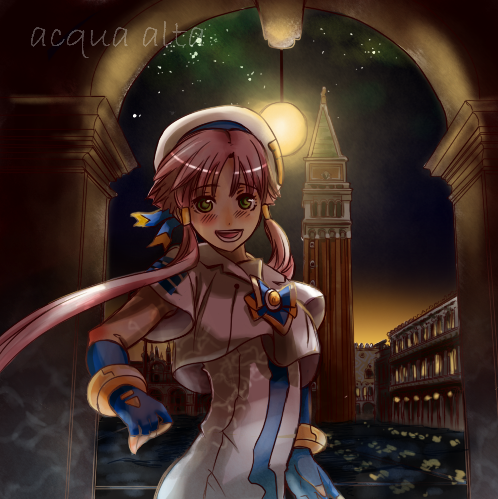 aria, campanile_di_san_marco, fingerless_gloves, gloves, grazie_(avvenire-aria), green_eyes, hair_tubes, hat, lowres, mizunashi_akari, night, night_sky, payot, pink_hair, sky, solo, uniform, water
