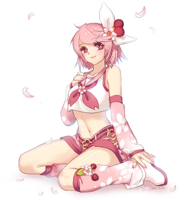 alternate_color, alternate_hair_color, cherry_blossoms, cosplay, crop_top, detached_sleeves, hair_ornament, hair_ribbon
