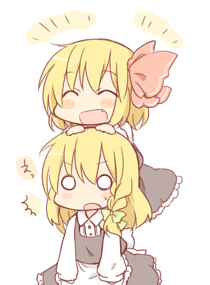 2girls, ^_^, apron, blonde_hair, blush, blush_stickers, bow, chibi