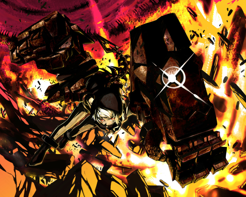 black_rock_shooter, explosion, glowing, glowing_eyes, hood, mechanical_arm, orange_eyes, rogia