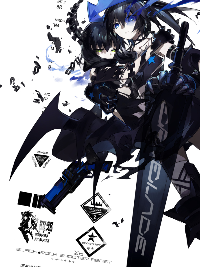 black_dress, black_hair, black_rock_shooter, black_rock_shooter_(character), black_rock_shooter_beast, blue_eyes, chain, chains