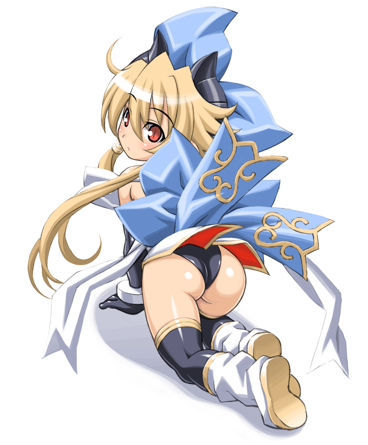 ass, blonde_hair, character_request, elbow_gloves, from_behind, gloves, higuchi_isami, long_hair, looking_back, meryl_star, red_eyes, shinrabanshou, slit_pupils, solo, white_background