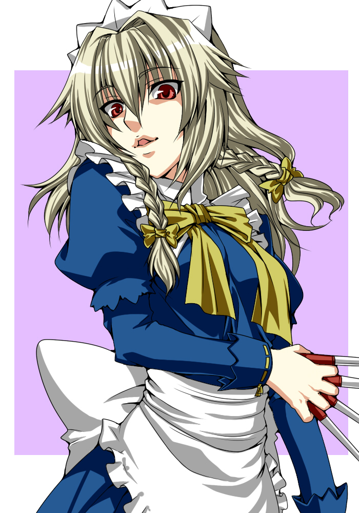 braid, hairband, izayoi_sakuya, knife, maid, ogera, ogera_okera, red_eyes, short_hair, silver_hair, touhou, twin_braids