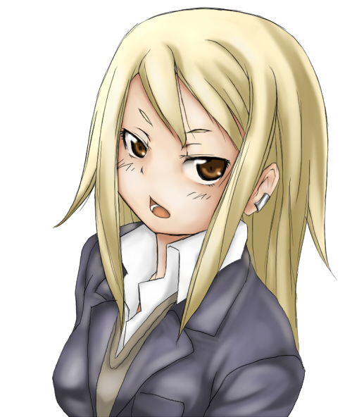 adult, blazer, blonde_hair, brown_eyes, bust, earrings, hosoi_kouzou, jewelry