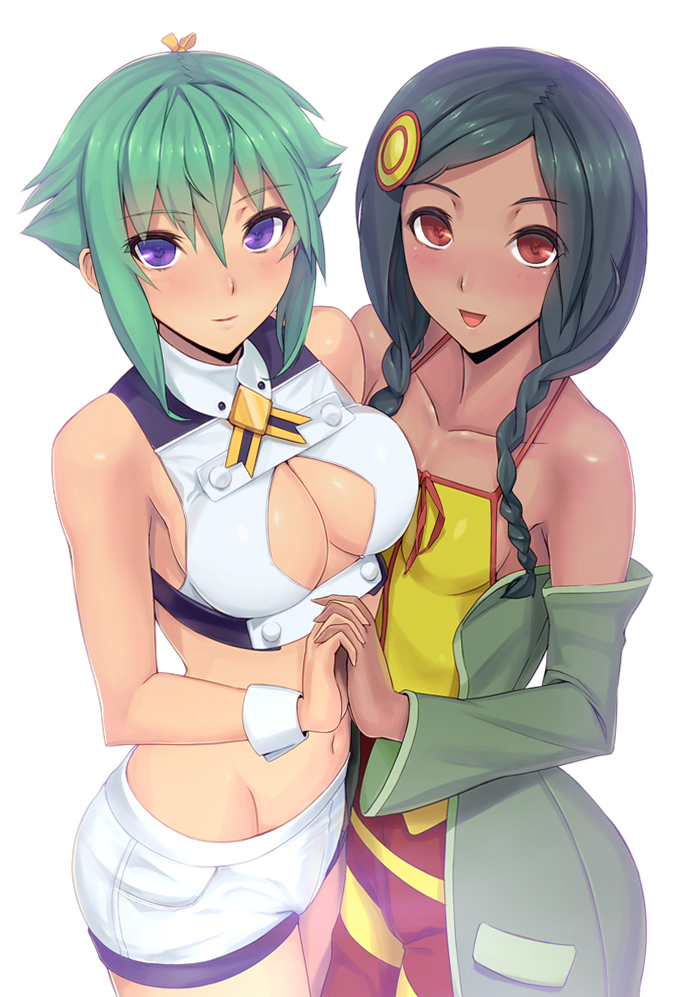 :d, aquarion_(series), aquarion_evol, bare_shoulders, black_hair, blush, braid, breasts, cleavage, cleavage_cutout, collarbone, crop_top, dark_skin, female, from_above, green_hair, hair_ornament, hand_holding, hands_clasped, happy, holding_hands, interlocked_fingers, long_hair, looking_at_viewer, looking_up, midriff, mound_of_venus, multiple_girls, navel, open_mouth, purple_eyes, red_eyes, sazanka_bianca, shiny, shiny_skin, short_hair, short_shorts, shorts, sideboob, simple_background, smile, twin_braids, violet_eyes, white_background, wrist_cuffs, zessica_wong, zzzalam