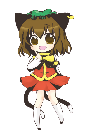 :d, animal_ears, bow, brown_eyes, brown_hair, cat_ears, cat_tail, chen