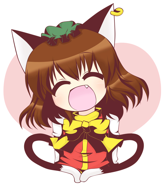 :d, ^_^, animal_ears, bow, brown_hair, cat_ears, cat_tail, chen