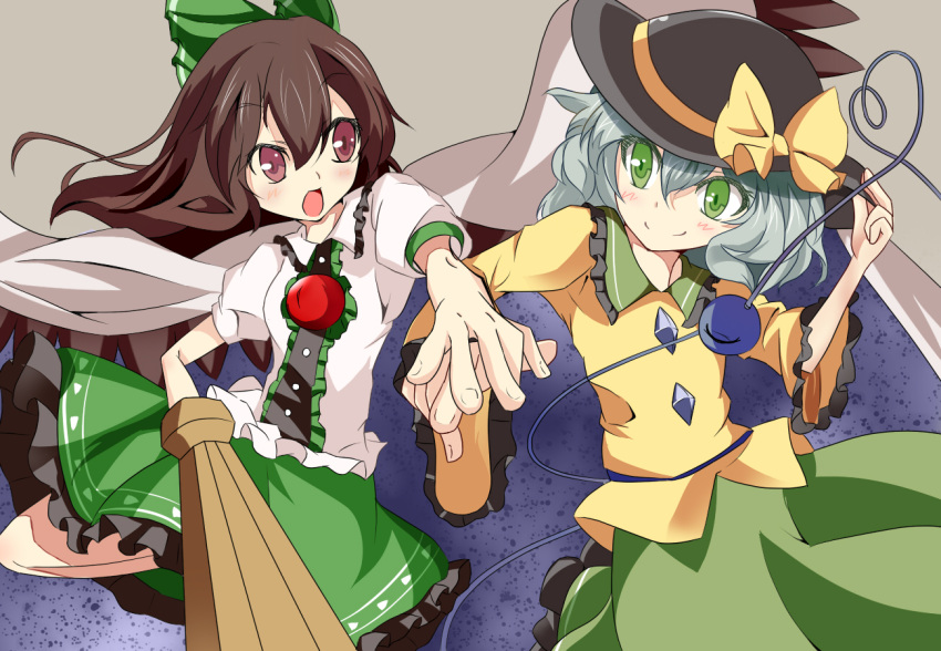2girls, akina873, arm_cannon, black_hair, black_legwear, blush, bow, brown_eyes, brown_hair, cape, eyeball, green_eyes, green_hair, hair_bow, hat, heart, komeiji_koishi, long_hair, multiple_girls, open_mouth, reiuji_utsuho, ribbon, short_hair, silver_hair, skirt, smile, third_eye, touhou, weapon, wings