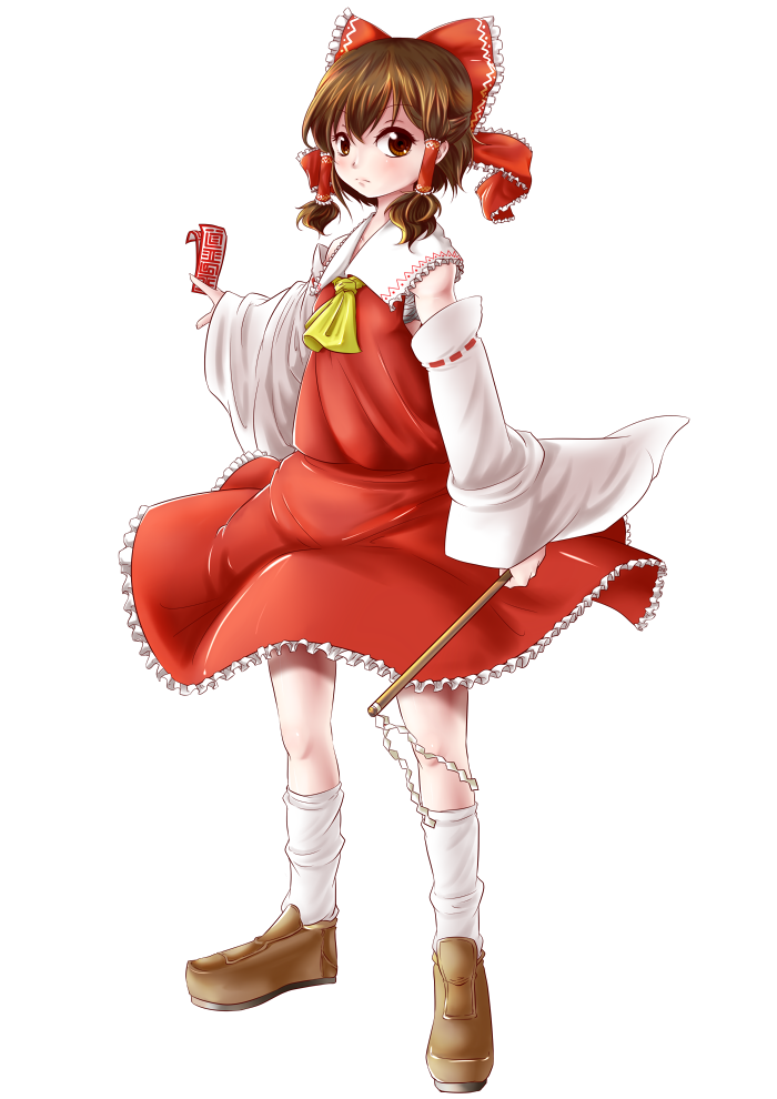 arm_up, ascot, between_fingers, bow, brown_eyes, brown_hair, detached_sleeves, ears