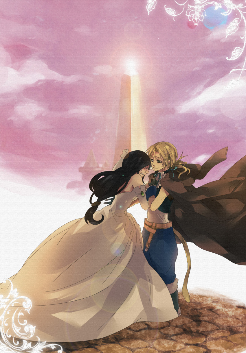 black_hair, blonde_hair, cape, couple, crying, dress, female, final_fantasy, final_fantasy_ix, garnet_til_alexandros_xvii, gloves, green_eyes, male, niiko, ponytail, tail, zidane_tribal