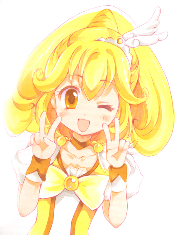 blonde_hair, blush, chibitan, choker, cure_peace, double_v, dress, hair_ornament