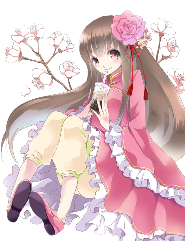 axis_powers_hetalia, brown_hair, dress, flower, frilled_dress, frills, hair_flower, hair_ornament, hkst712, long_hair, plum_blossoms, solo, taiwan_(hetalia)