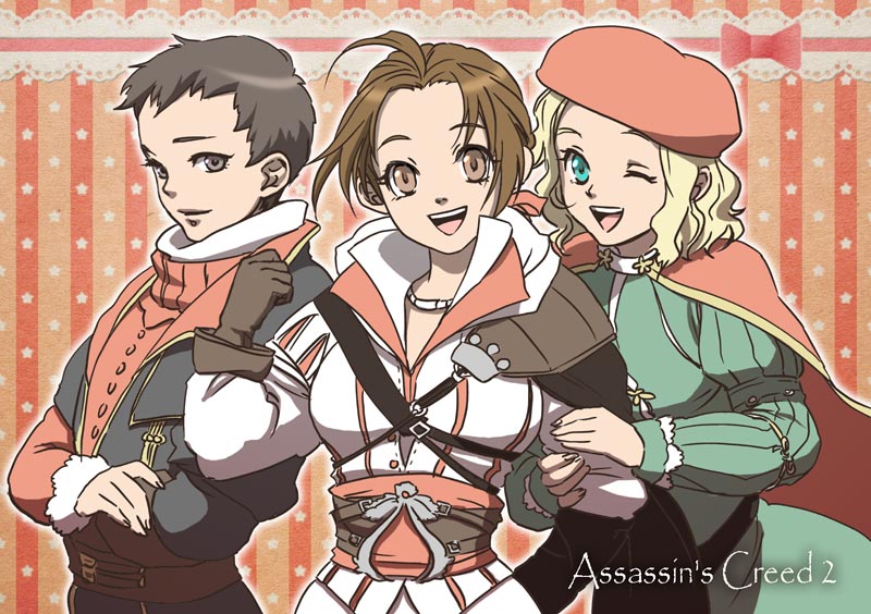 3girls, ahoge, armor, assassin's_creed, assassin's_creed_ii, assassin's_creed, assassin's_creed_ii, blonde_hair, blue_eyes, brown_hair, cape, crossed_arms, ezio_auditore_da_firenze, genderswap, leonardo_da_vinci, multiple_girls, niccolo_di_bernardo_dei_machiavelli, smile