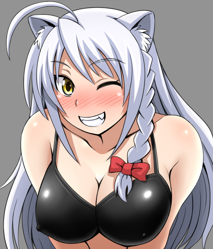 ahoge, animal_ears, black_bra, blush, bra, braid, breast_squeeze, breasts