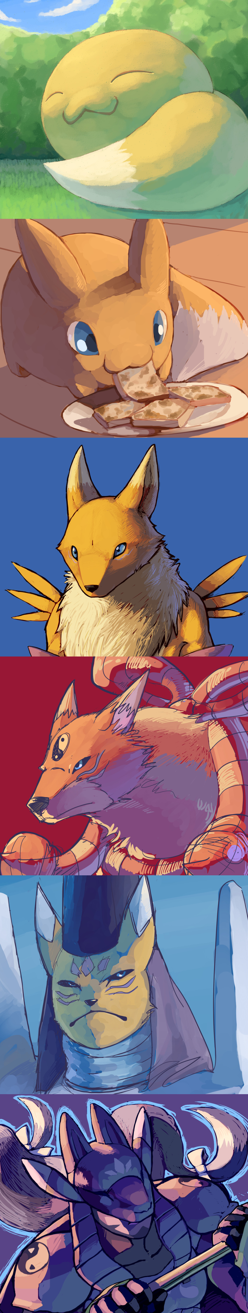 bell, blue_eyes, digimon, digimon_tamers, fox, fur, hat, highres, kwakiutl, kyuubimon, no_humans, relemon, renamon, sakuyamon, staff, taomon, viximon, yin_yang