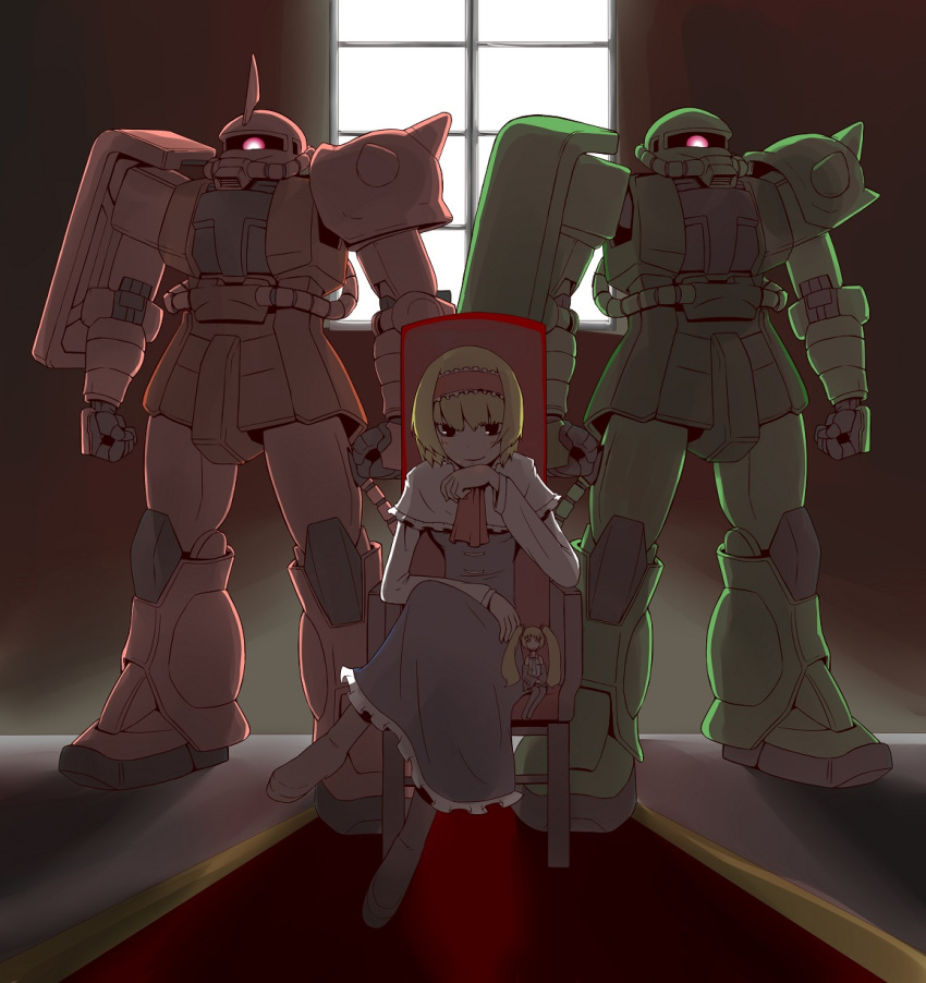 blonde_hair, chair, character_doll, character_request, detached_sleeves, frills, gundam, hairband