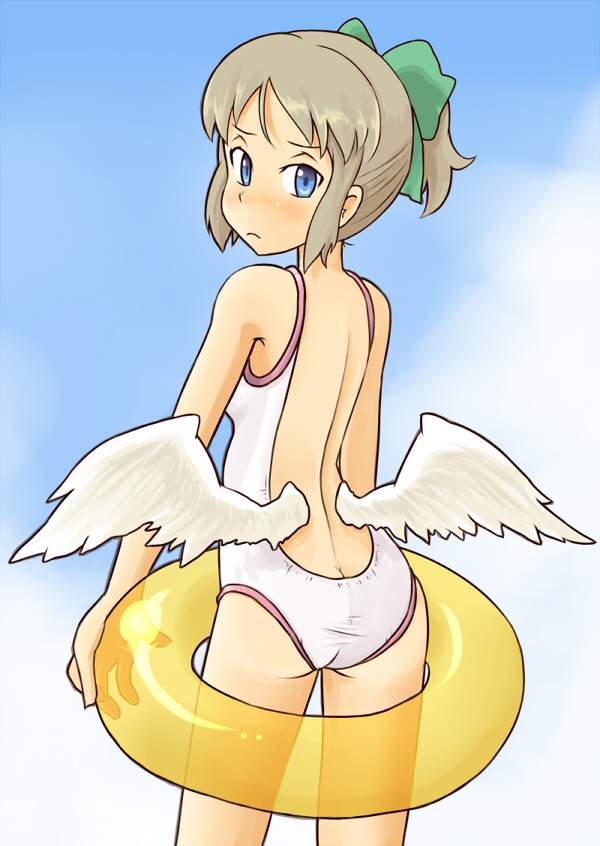 ass, back, blue_eyes, brown_hair, from_behind, innertube, kure_(oshidashi-shiki_missile), looking_at_viewer