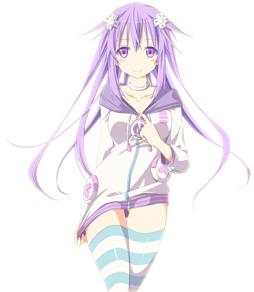 blush, choker, choujigen_game_neptune, choujigen_game_neptune_mk2, collarbone, d-pad, hair_ornament, hoodie, izana, long_hair, minagi, nepgear, neptune_(choujigen_game_neptune), neptune_(choujigen_game_neptune)_(cosplay), purple_eyes, purple_hair, shirt_pull, smile, striped, striped_legwear, thigh-highs, thighhighs, violet_eyes