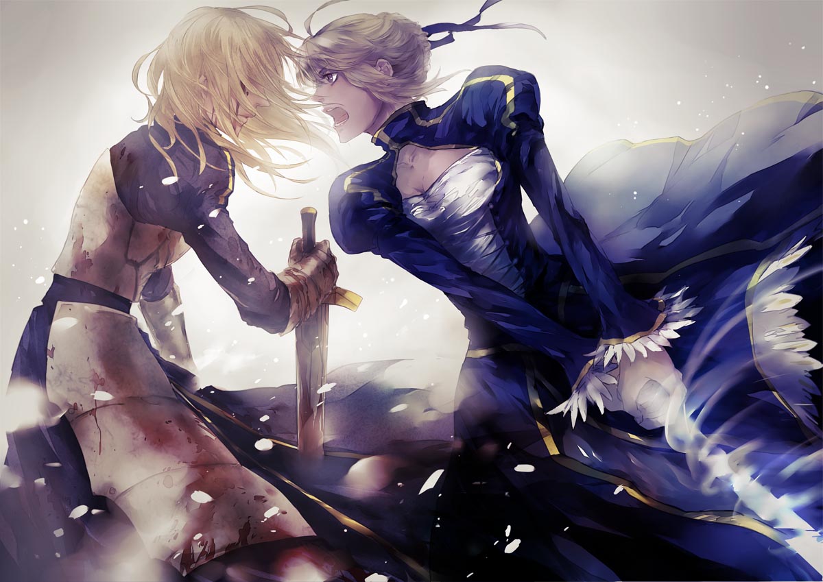 ahoge, armor, armored_dress, attacking, blonde_hair, blood, blood_on_face, dress