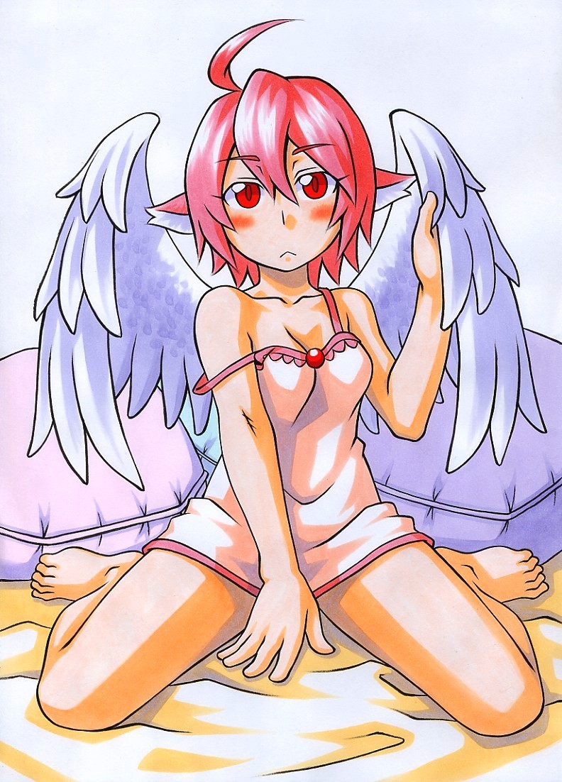 :<, ahoge, alternate_costume, alternate_weapon, alternate_wings, animal_ears, bare_legs, bare_shoulders, barefoot, breasts, chemise, cleavage, collarbone, kawachi_koorogi, kawauchi_kirigirisu, looking_at_viewer, marker_(medium), mystia_lorelei, no_hat, no_headwear, pillow, pink_hair, short_hair, sitting, solo, strap_slip, touhou, traditional_media, underwear, underwear_only, wariza, weapon, white_wings, wings