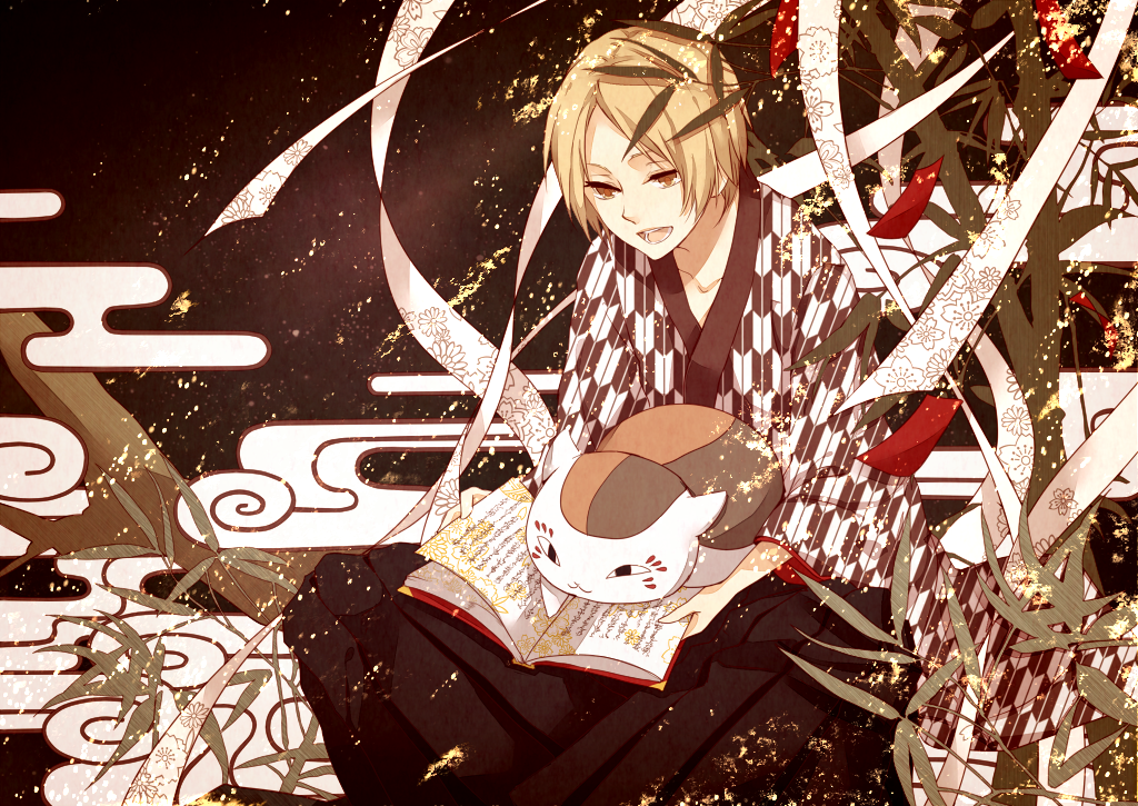 blonde_hair, book, cat, cloud, egasumi, hakama, japanese_clothes, kimono