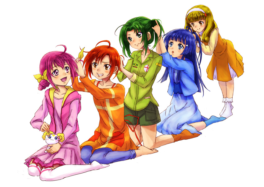 absurdres, adjusting_hair, ahoge, aoki_reika, blonde_hair, blue_eyes, blue_hair, bow