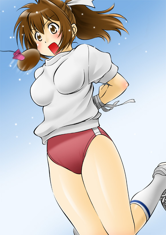bdsm, bondage, bread, brown_eyes, brown_hair, buruma, chaborin, food, gym_uniform, jumping, original, ponytail, solo