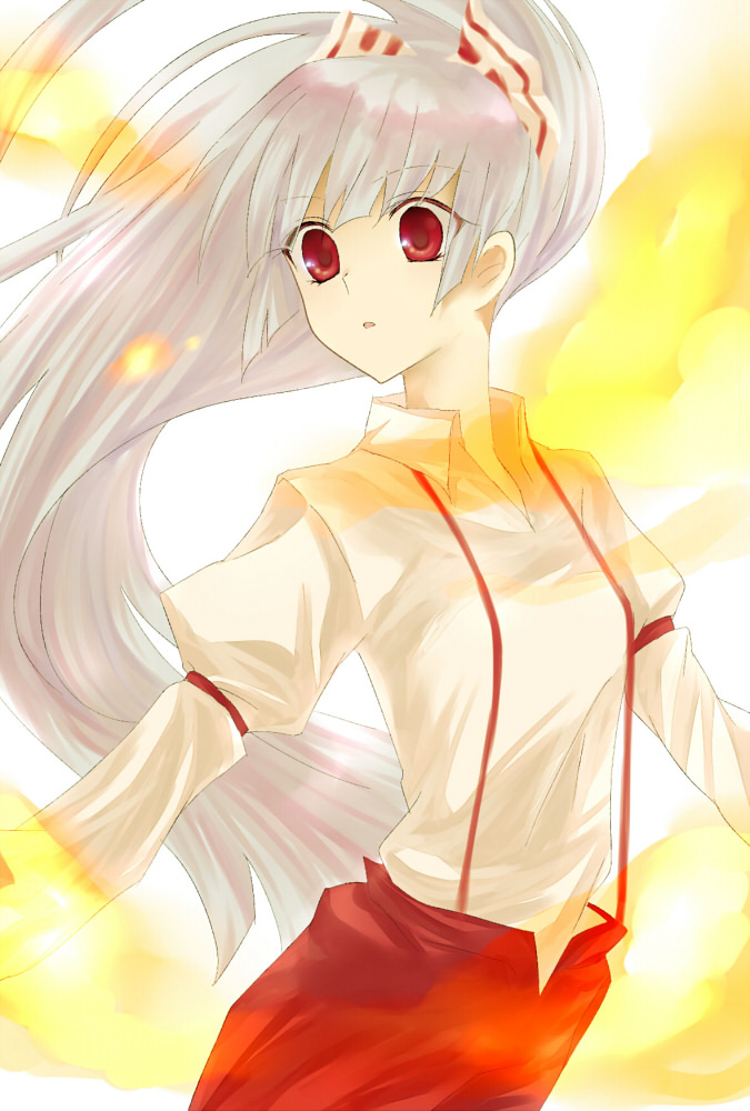 bow, fire, fujiwara_no_mokou, hair_bow, kanasaki, long_hair, red_eyes, silver_hair, solo, touhou