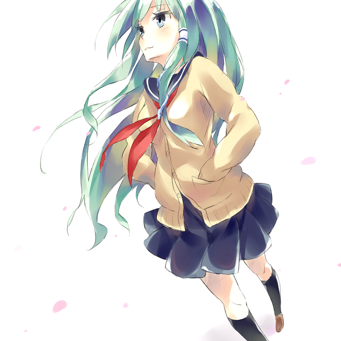 :3, alternate_costume, blue_eyes, cardigan, green_hair, hair_tubes, hands_in_pockets, jacket
