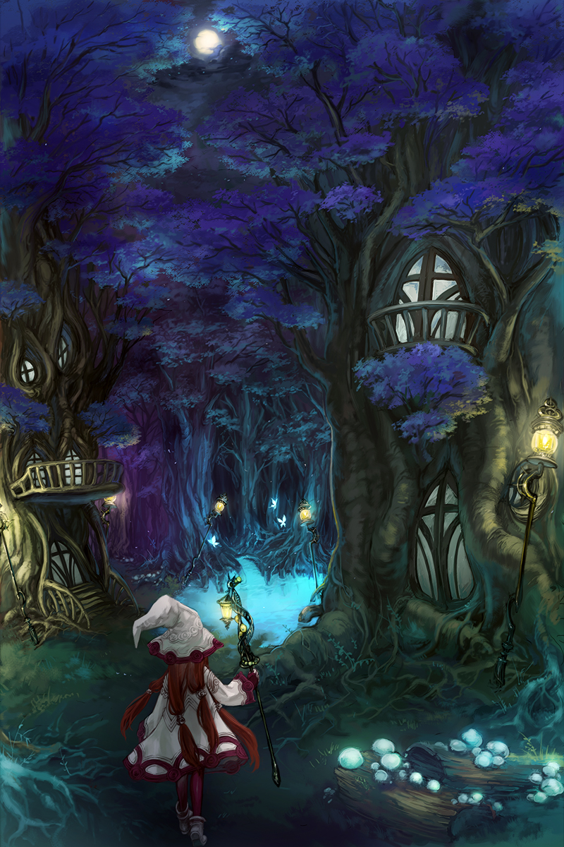 butterfly, forest, hat, highres, kutay, lake, lantern, long_hair