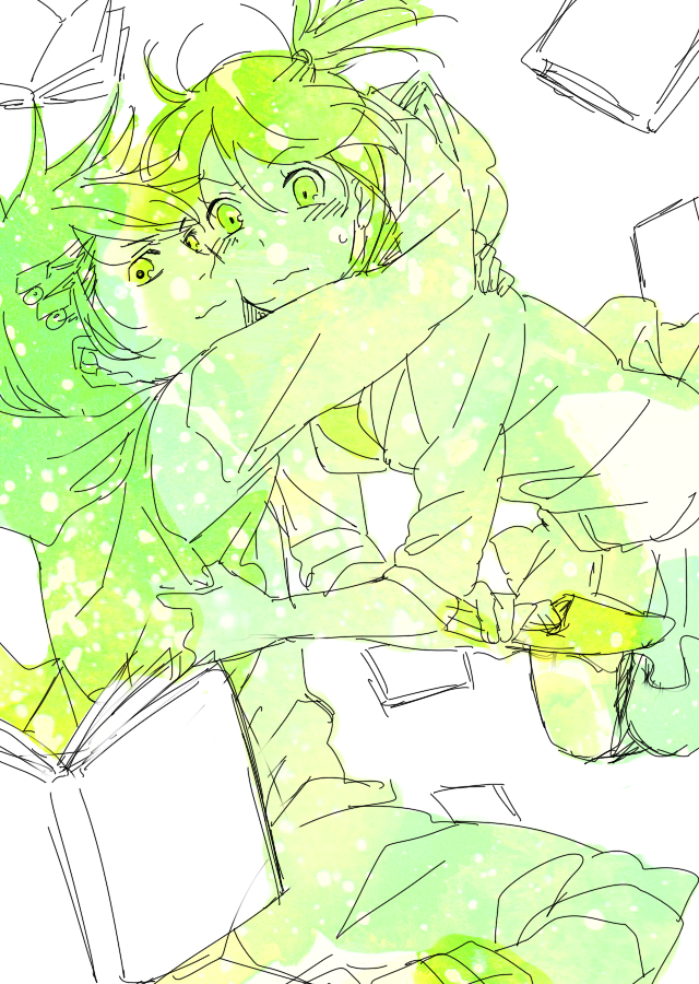 1boy, 1girl, arms_around_neck, bangs, blush, cheek-to-cheek, floating, green_theme